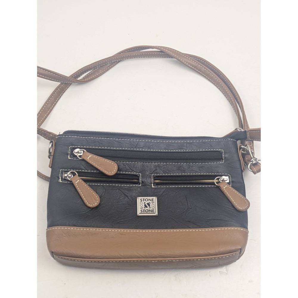 Stone Co Crossbody‎ Bag Black Tan Faux Leather Zipper Pockets 12x8